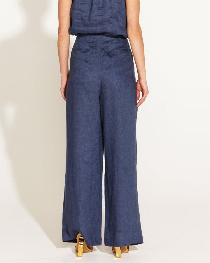 WAISTED BELTED WIDE LINEN LEG PANT NAVY
