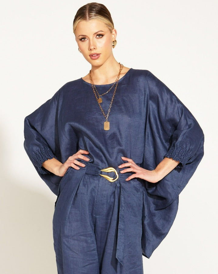 Linen Oversized Batwing Top Navy