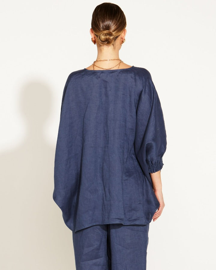 Linen Oversized Batwing Top Navy