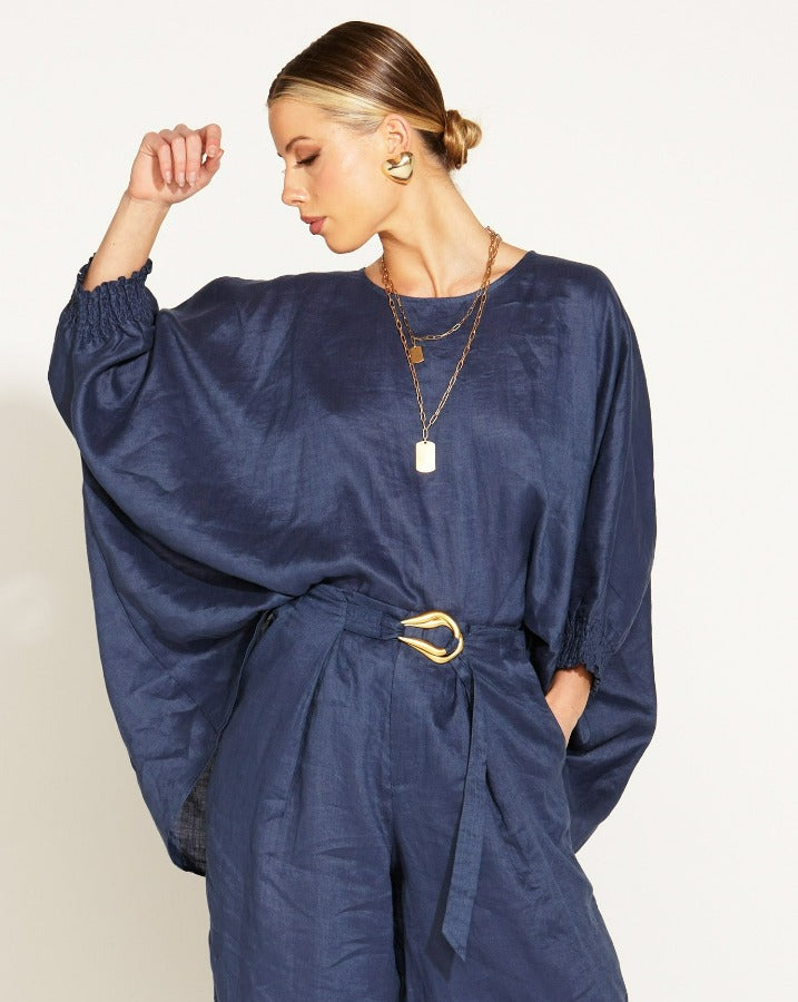 Linen Oversized Batwing Top Navy