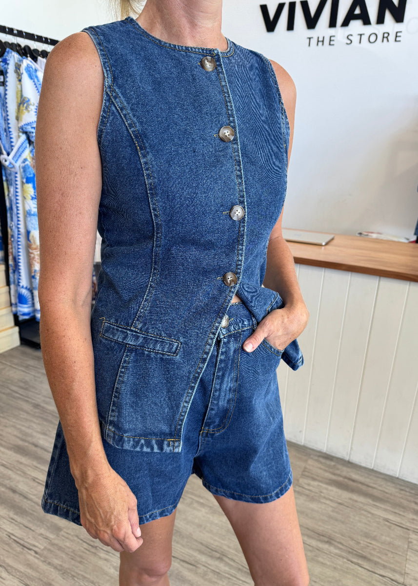 BRIDGET DENIM VEST SET DARK  BLUE