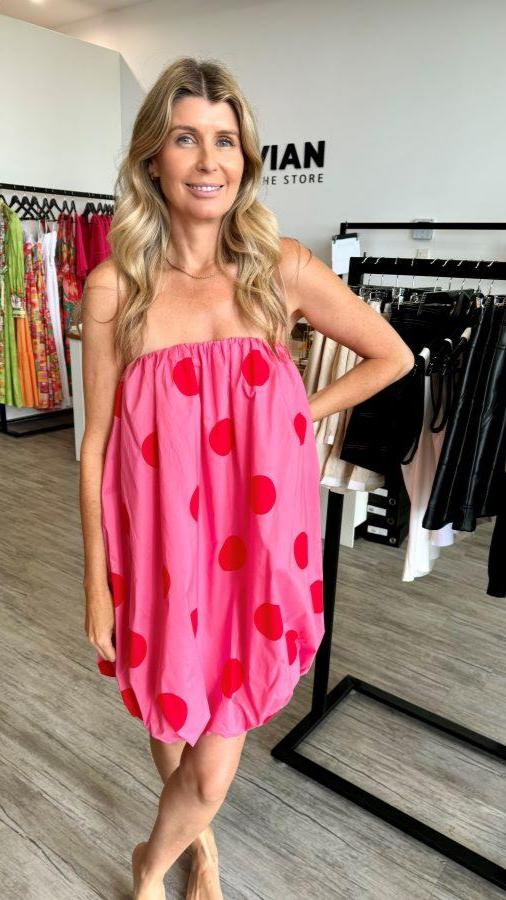 BUBBLE SPOT MINI DRESS PINK/RED