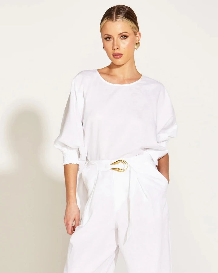 LINEN OVERSIZED BATWING TOP WHITE
