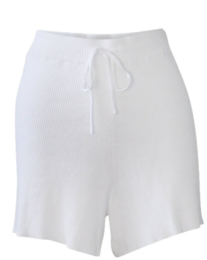 white knitted ribbed shorts with a drawstring waist band
